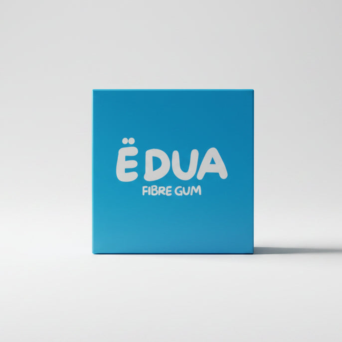 Blue box of ÉDUA Fibre Gum on a gray background